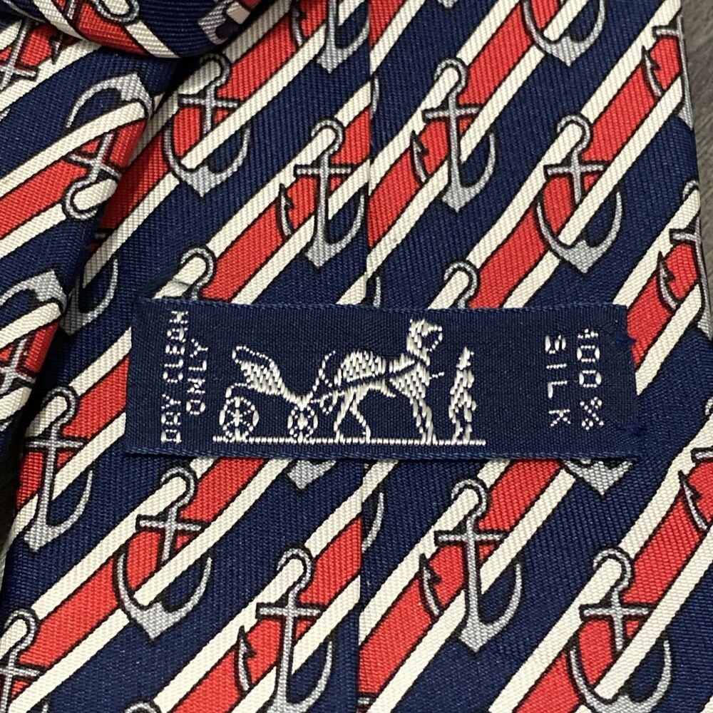 Hermes Men's Tie Nautical Anchors Red White Blue Gray Black Silk 3.25" W X 55" L - Picture 5 of 6